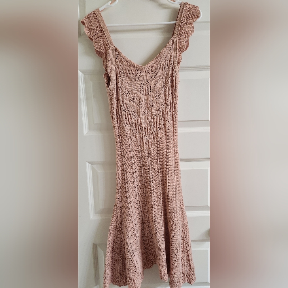 Nude/Blush colored crochet dress w/ asymmetrical hemline worn 1x Size M Lined.